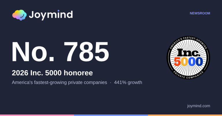 Joymind newsroom graphic: Inc. 5000 2026 honoree, No. 785, America's fastest-growing private companies.