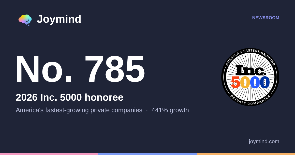 Joymind newsroom graphic: Inc. 5000 2026 honoree, No. 785, America's fastest-growing private companies.