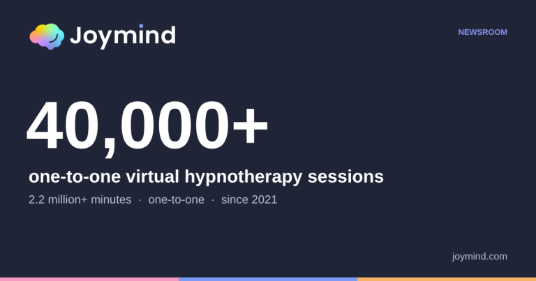 Joymind newsroom graphic: 40,000+ one-to-one virtual hypnotherapy sessions, 2.2 million minutes, since 2021.