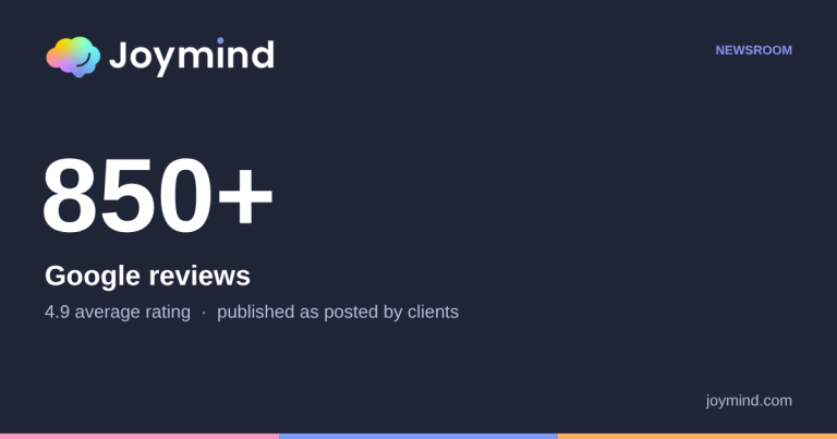 Joymind newsroom graphic: 850+ Google reviews, 4.9 average rating, September 2026.